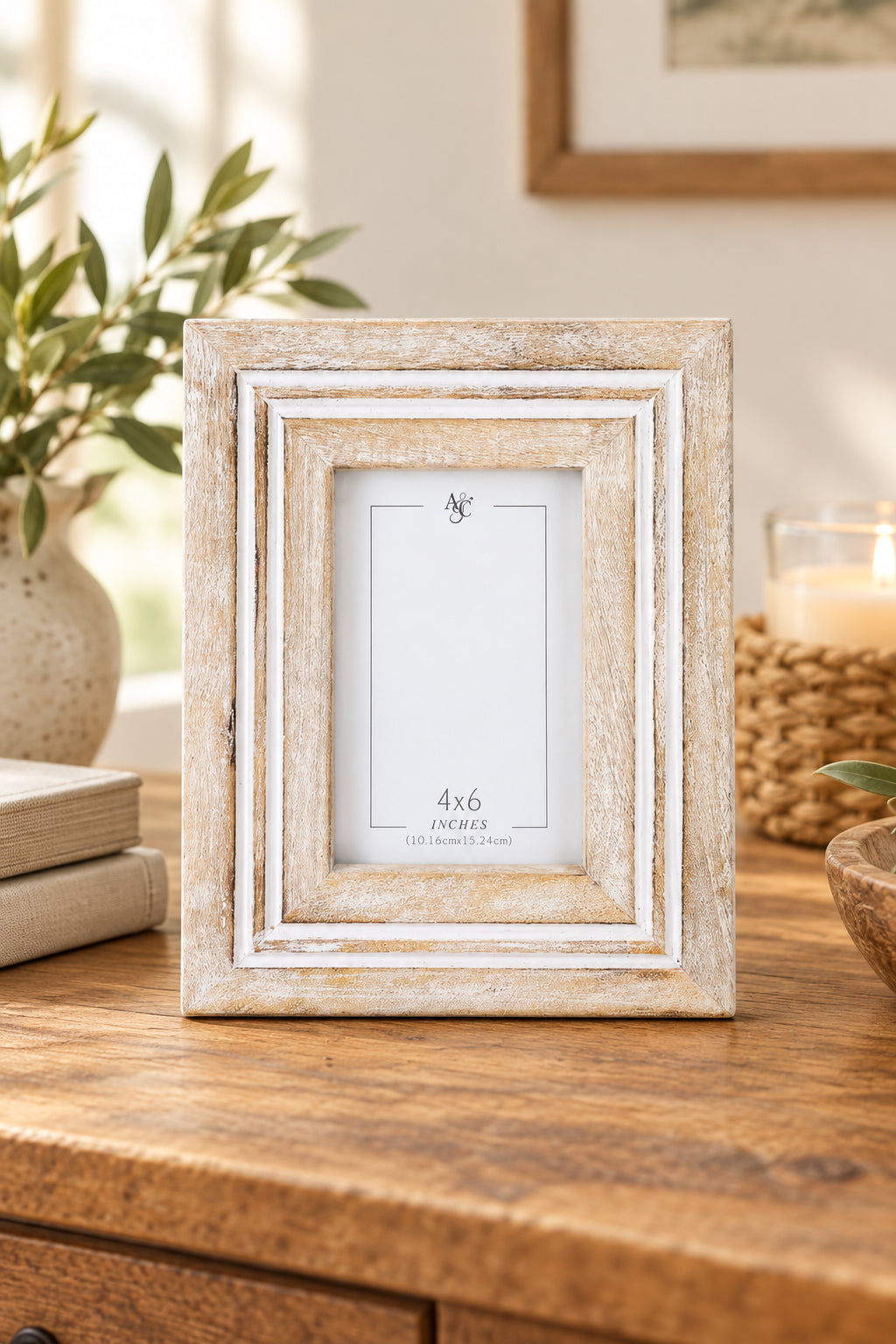 Wooden Picture Frame – 7.5"W x 9.5"H Mango Wood with White Accents