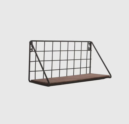 Small Metal Grid Wall Shelf With Wood Accent