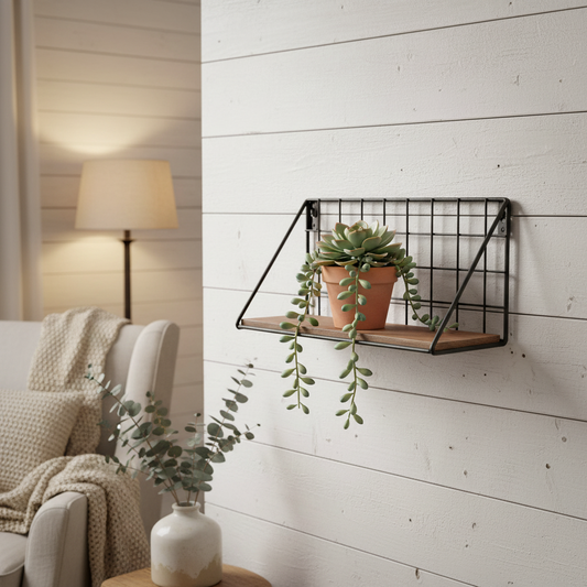 Small Metal Grid Wall Shelf With Wood Accent